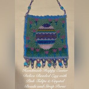HANDMADE COLORFUL EASTER EGG PINK TULIPS DELICA BEADED PURSE WITH STRAP